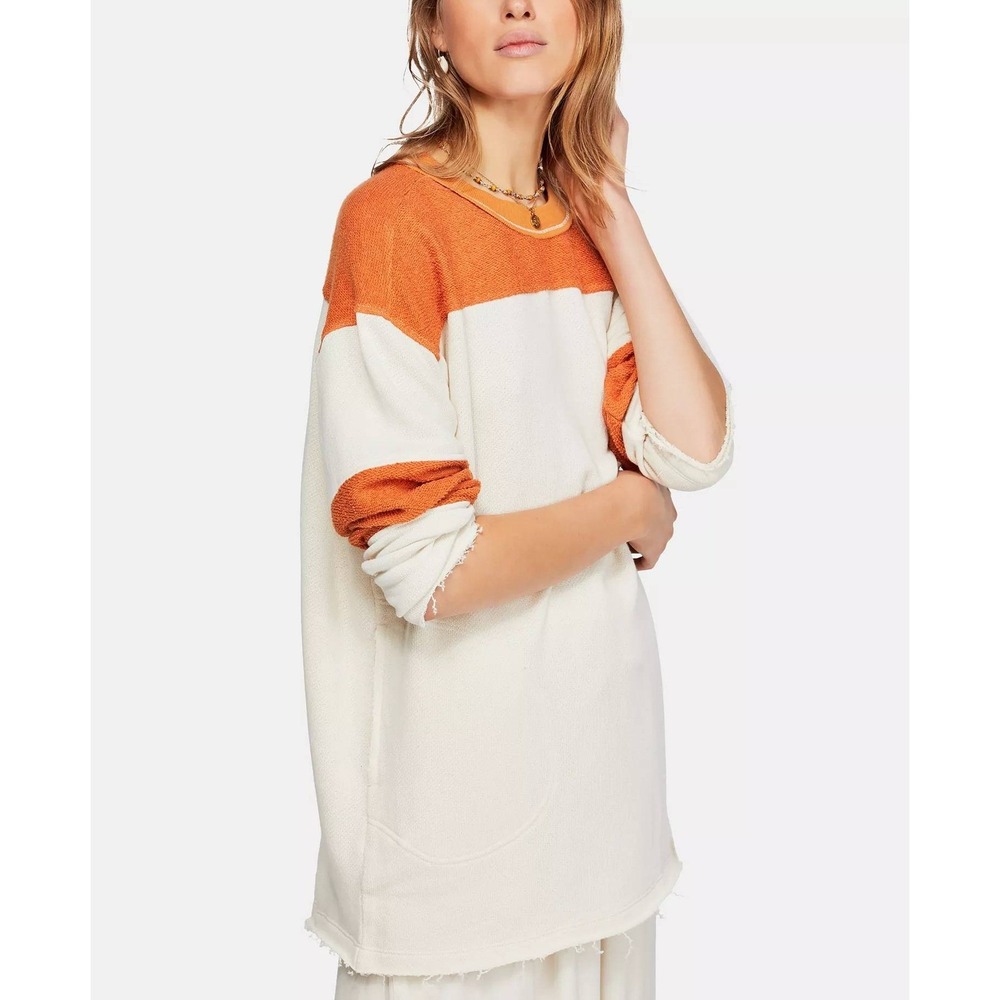 Free People Colorblock‎ Sweatshirt Pullover Oversized Orange Cream Casual Size L